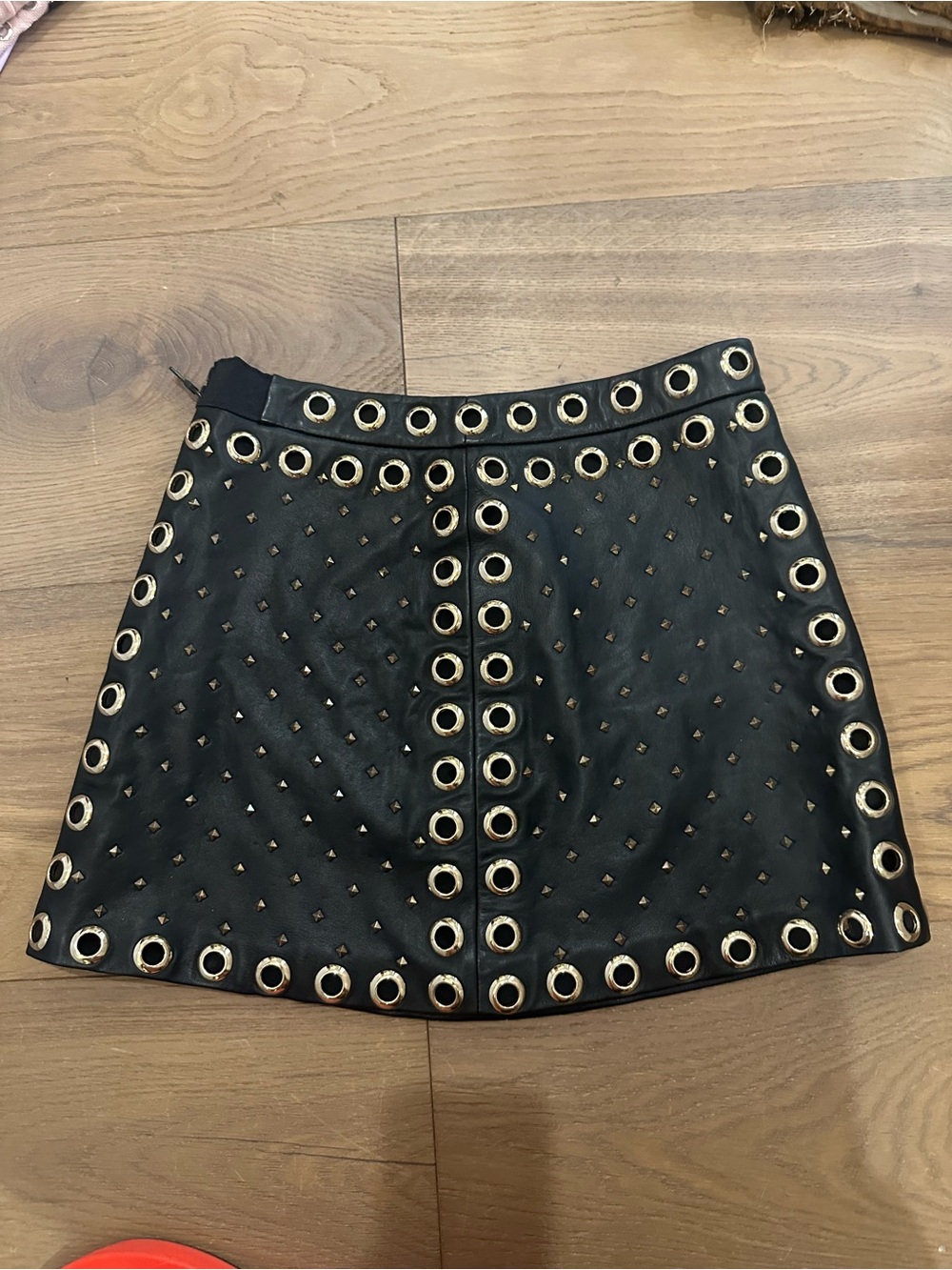 Alice + Olivia Black Mini Skirt with Gold Eyelet & Stud Detail